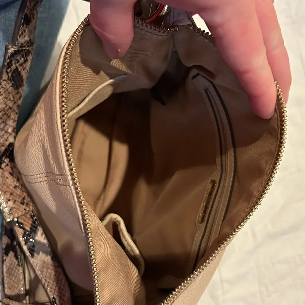 B. Makowsky Leather Bag with Crossbody strap. Cream leather with snakeskin trim